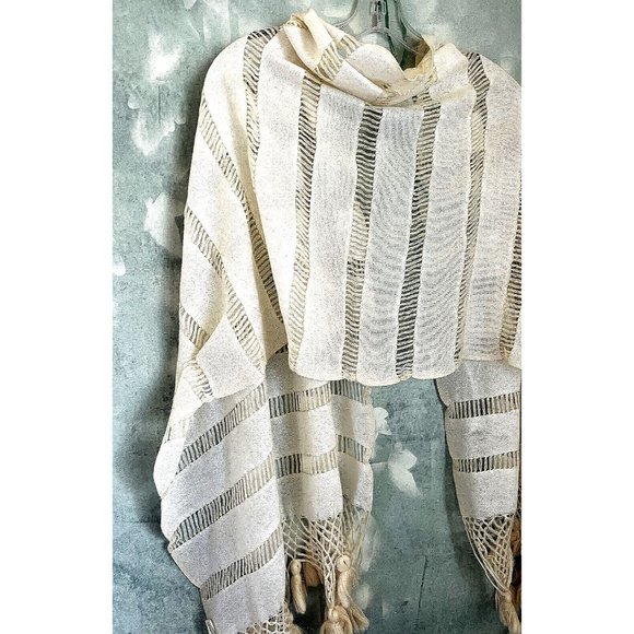 Bohemian Semi-Sheer Lacy Long Scarf Shawl Wrap Fringe Ivory Off-White - Picture 4 of 14